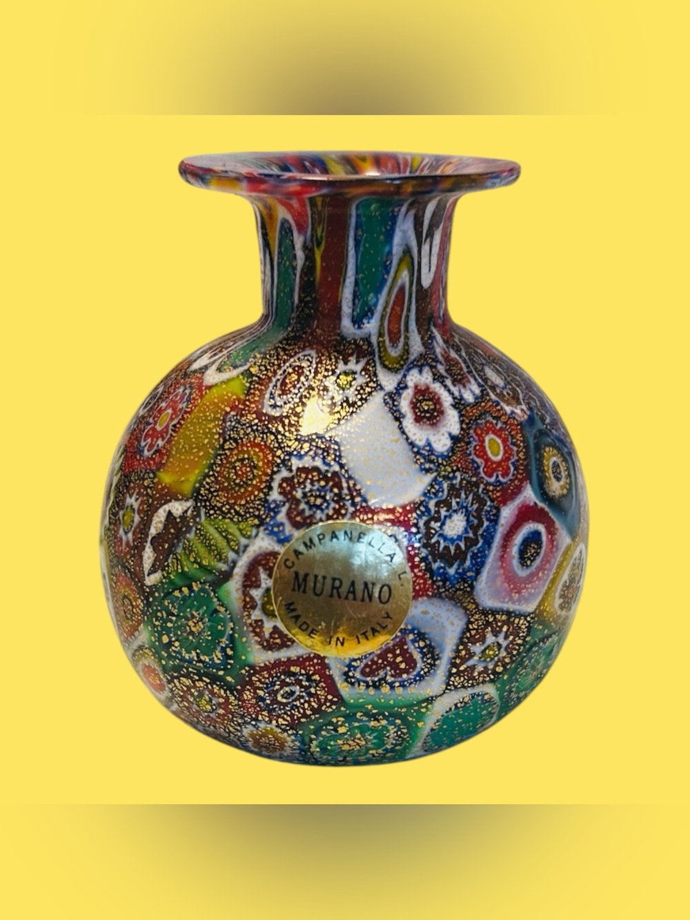 Vintage Murano Art Glass Miniature Millefiori Vase Gold Foil Label Campanella
